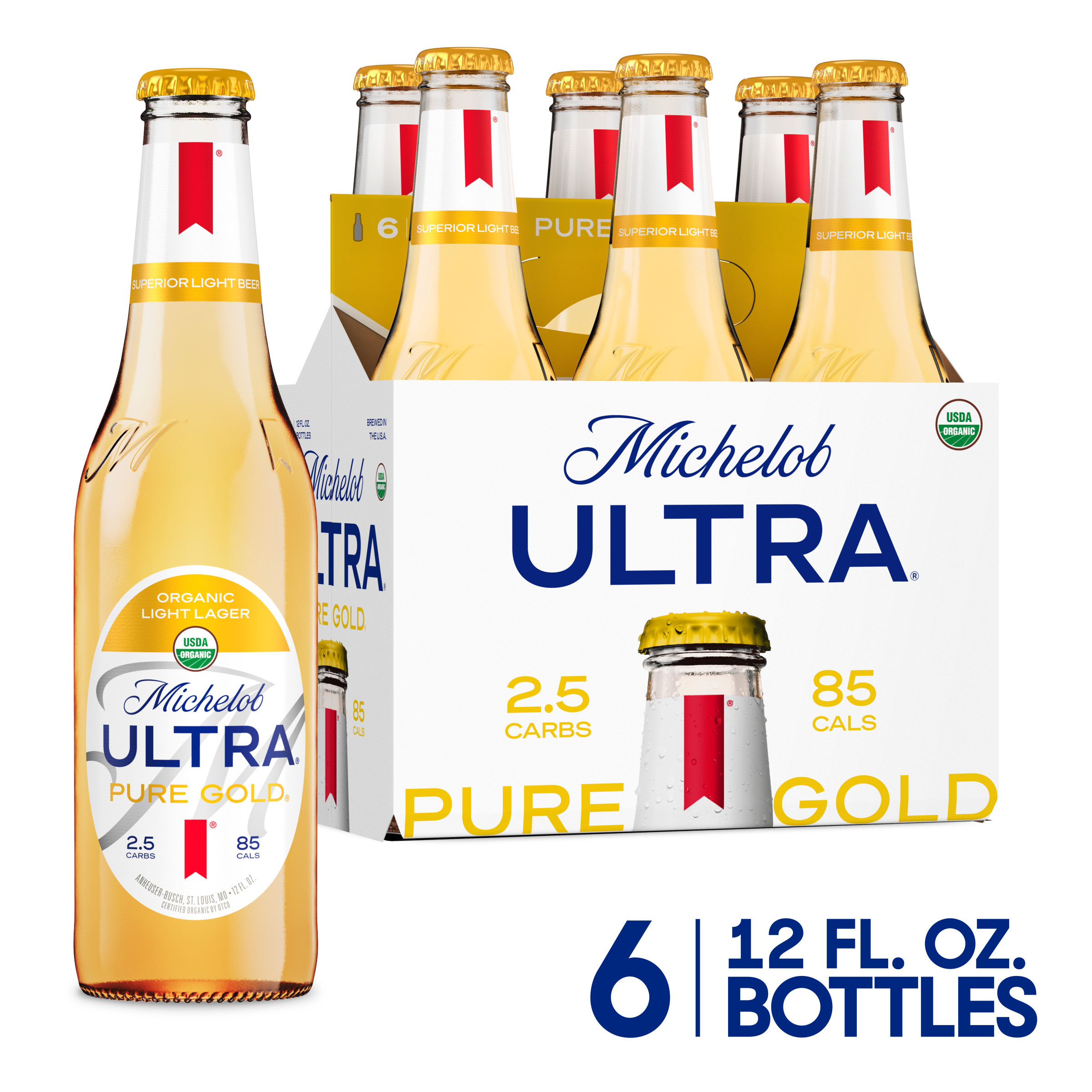 Michelob ULTRA Pure Gold Organic Light American Lager Beer 6 Pack, 12 fl oz Bottles