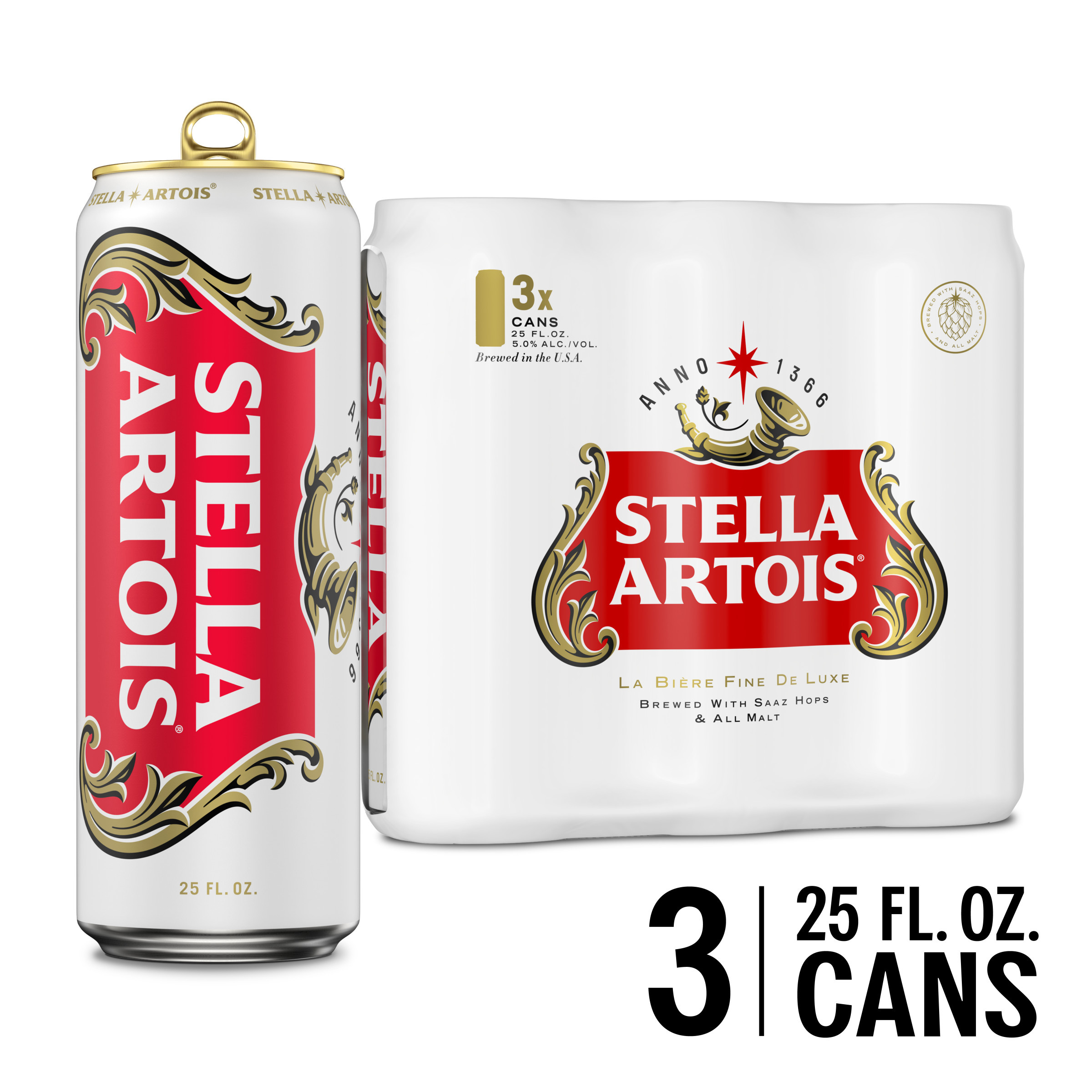 Stella Artois Premium Lager Beer, 3 Pack Beer 25 fl oz Aluminum Cans, 5% ABV