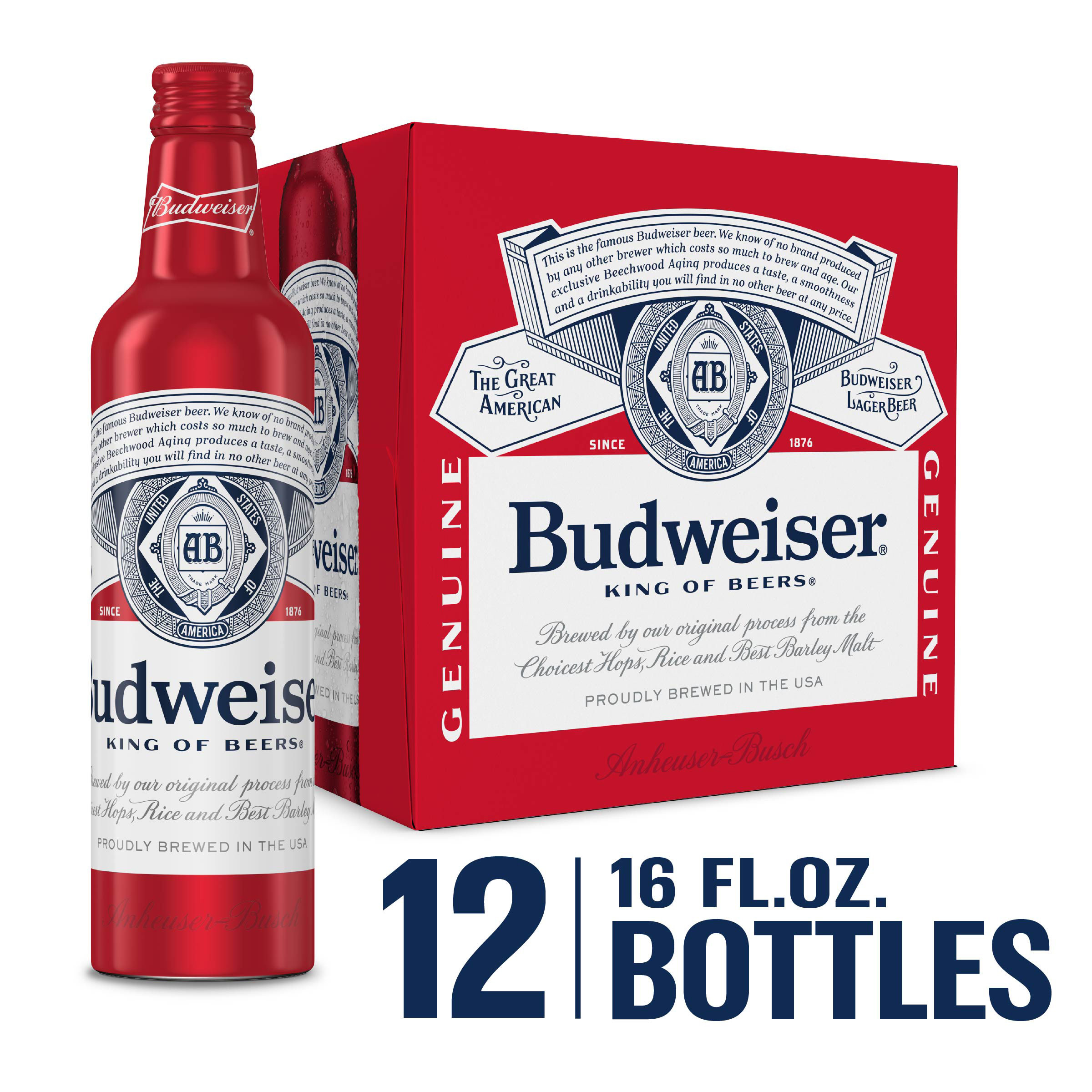 Budweiser American Lager Beer 12 Pack, 16 fl oz Aluminum Bottles