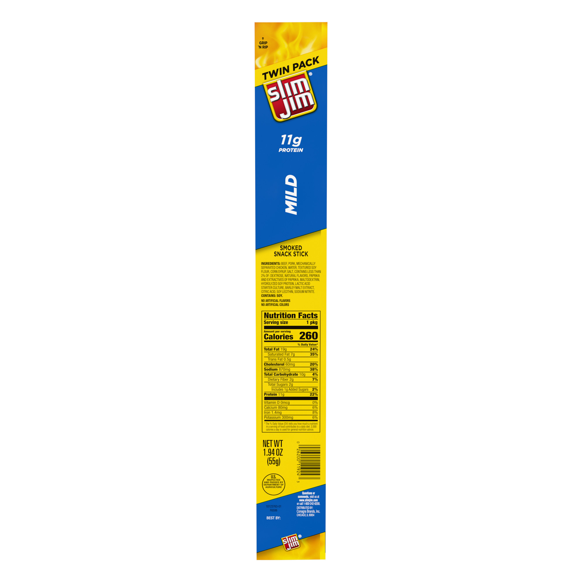 Slim Jim Smoked Jerky Meat Sticks, Mild Flavor, 11g Protein Per Serving, Twin Pack, 1.94 oz.
