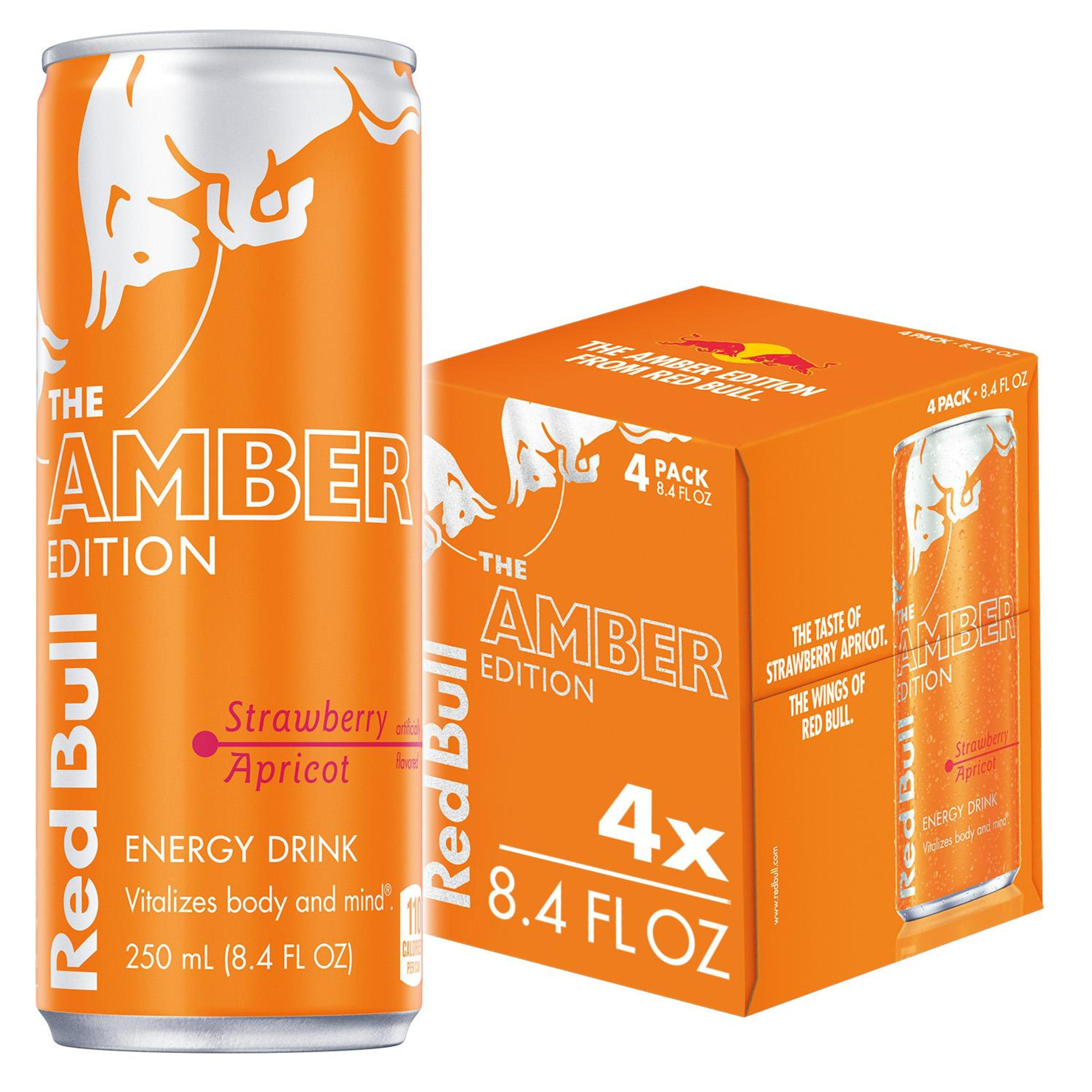 Red Bull Amber Edition Energy Drink, Strawberry Apricot, 80mg Caffeine, 8.4 fl. oz., Pack of 4 Cans