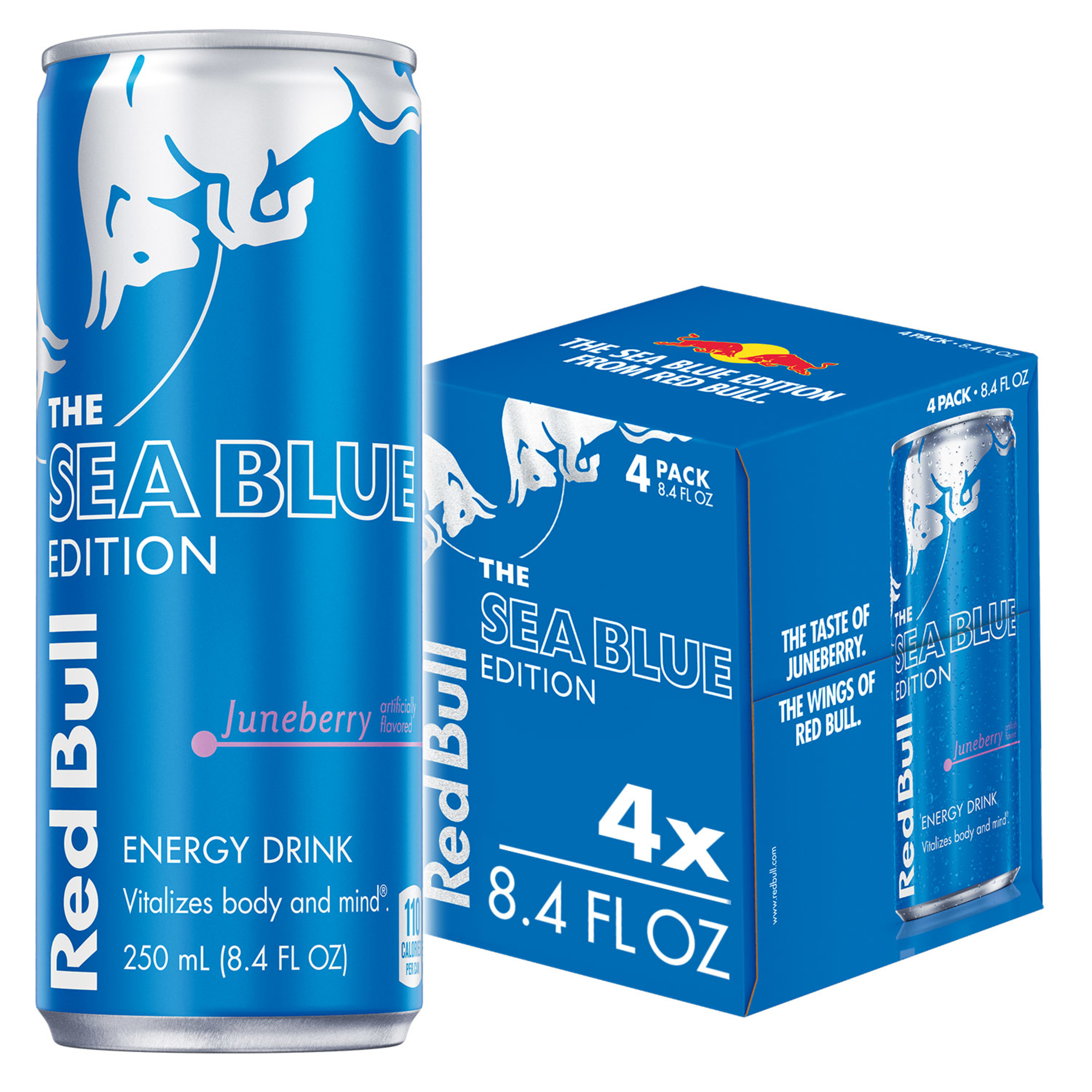 Red Bull Sea Blue Edition Energy Drink, Juneberry, 8.4 fl. oz., Pack of 4 Cans, 80mg Caffeine, Taurine & B Vitamins