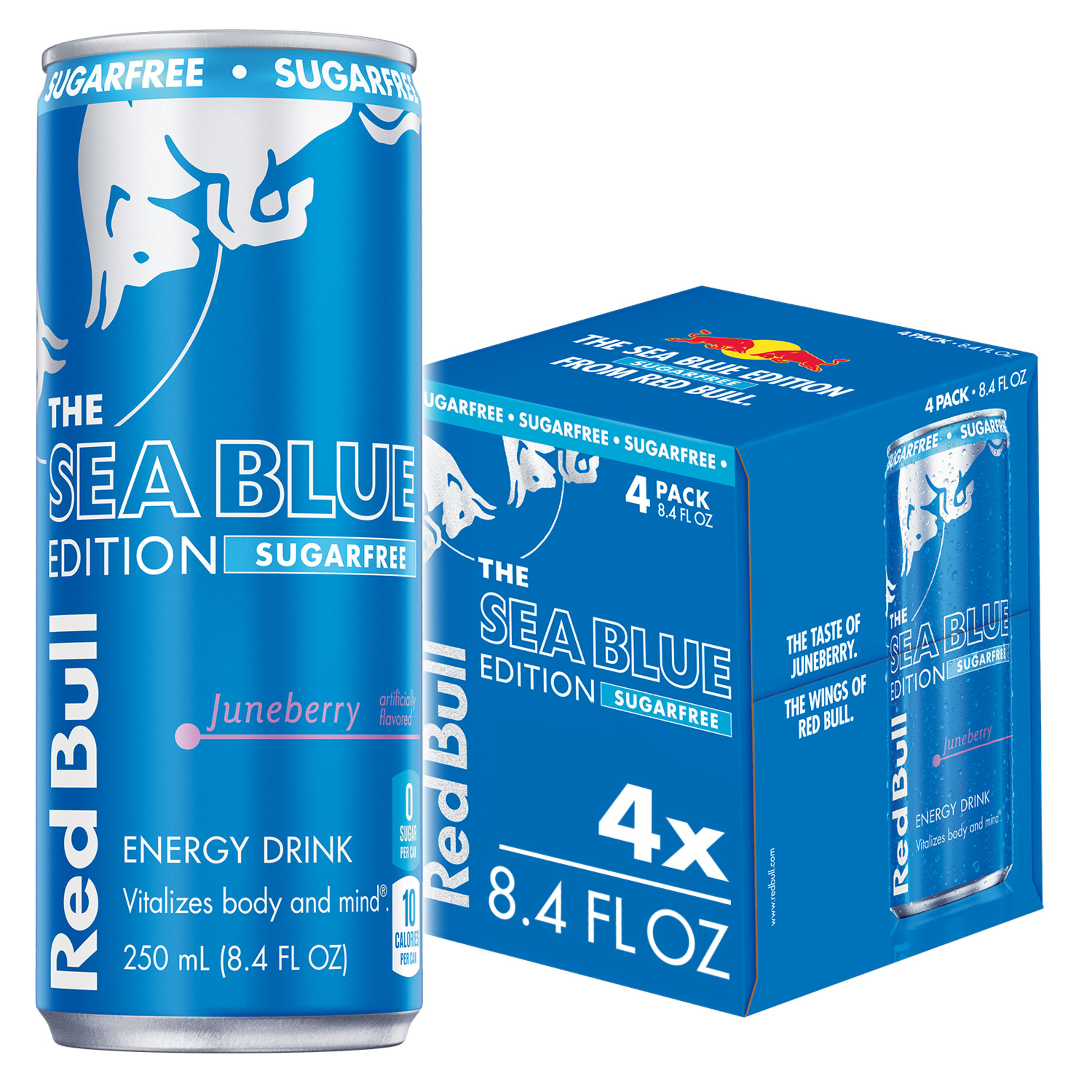 Red Bull Sea Blue Edition Sugarfree Energy Drink, Juneberry, 8.4 fl. oz., Pack of 4 Cans, 80mg Caffeine, Taurine & B Vitamins
