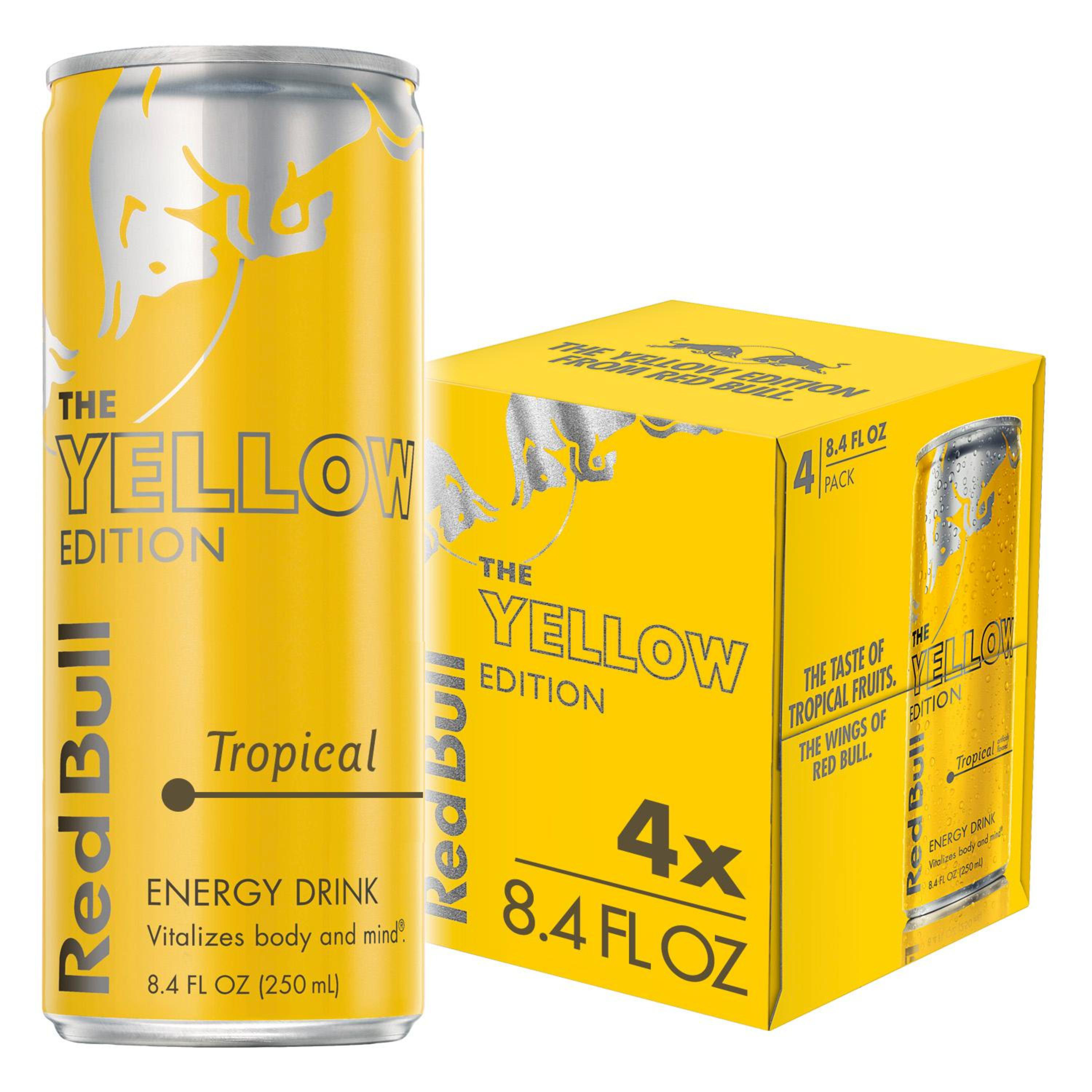 Red Bull Yellow Edition Energy Drink, Tropical, 80mg Caffeine, 8.4 fl. oz., Pack of 4 Cans