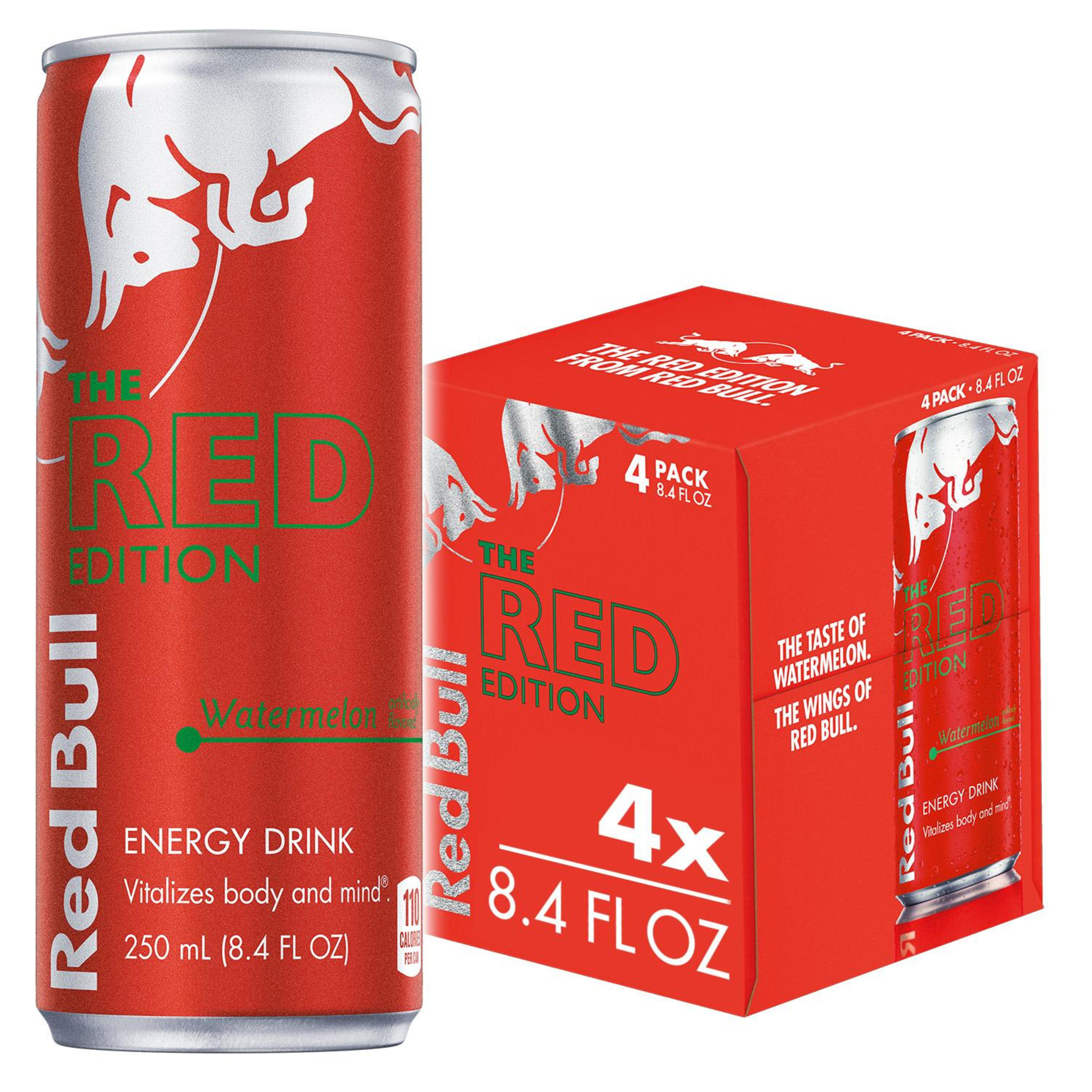 Red Bull Red Edition Energy Drink, Watermelon, 8.4 fl. oz., Pack of 4 Cans, 80mg Caffeine, Taurine & B Vitamins