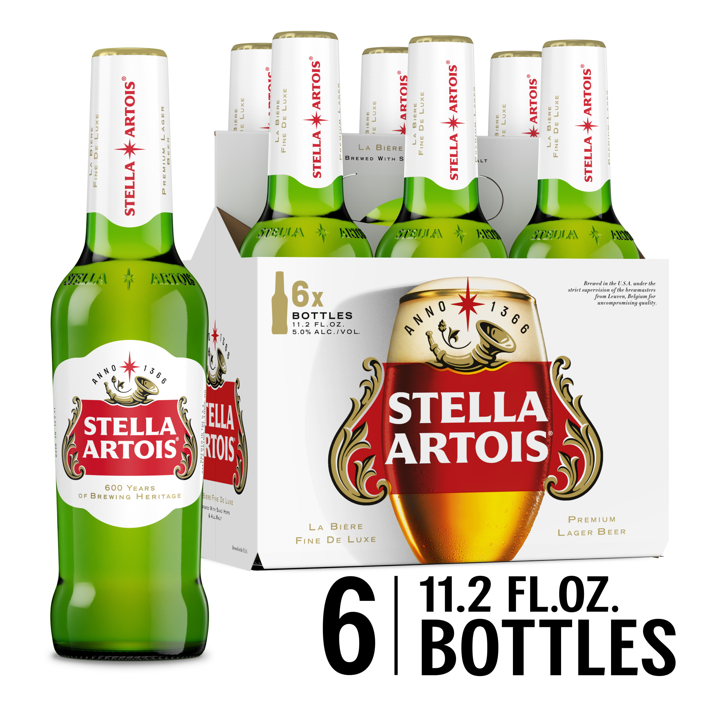 Stella Artois Premium Lager Beer, 6 Pack, 11.2 fl oz Glass Bottles, 5% ABV