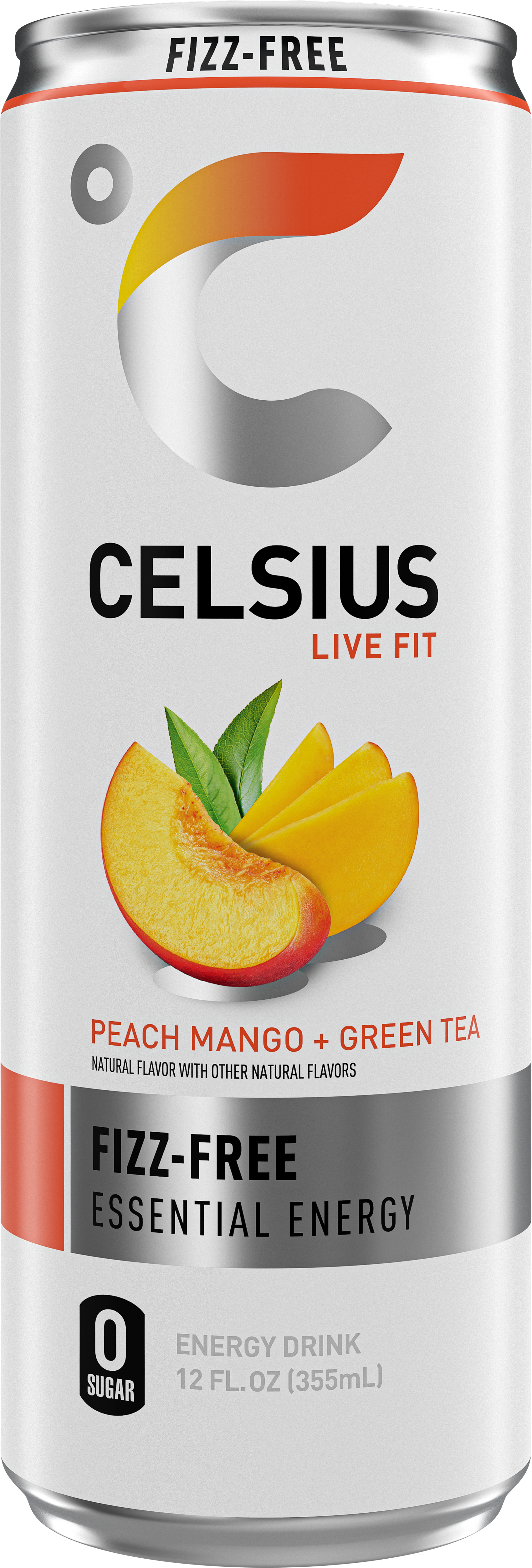 CELSIUS Fizz Free Peach Mango Green Tea, Functional Energy Drink 12 Fl Oz Single Can