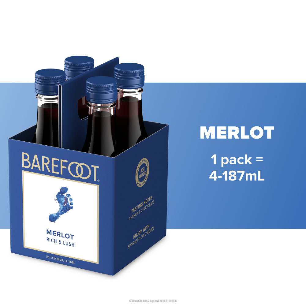Barefoot Cellars Merlot Red Wine 4 Single Serve 187ml Bottles
