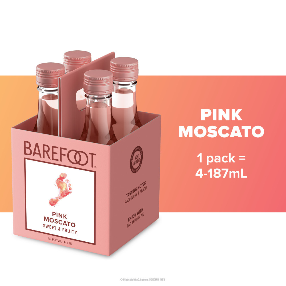 Barefoot Cellars Pink Moscato Wine 4 Single Serve 187ml Bottles