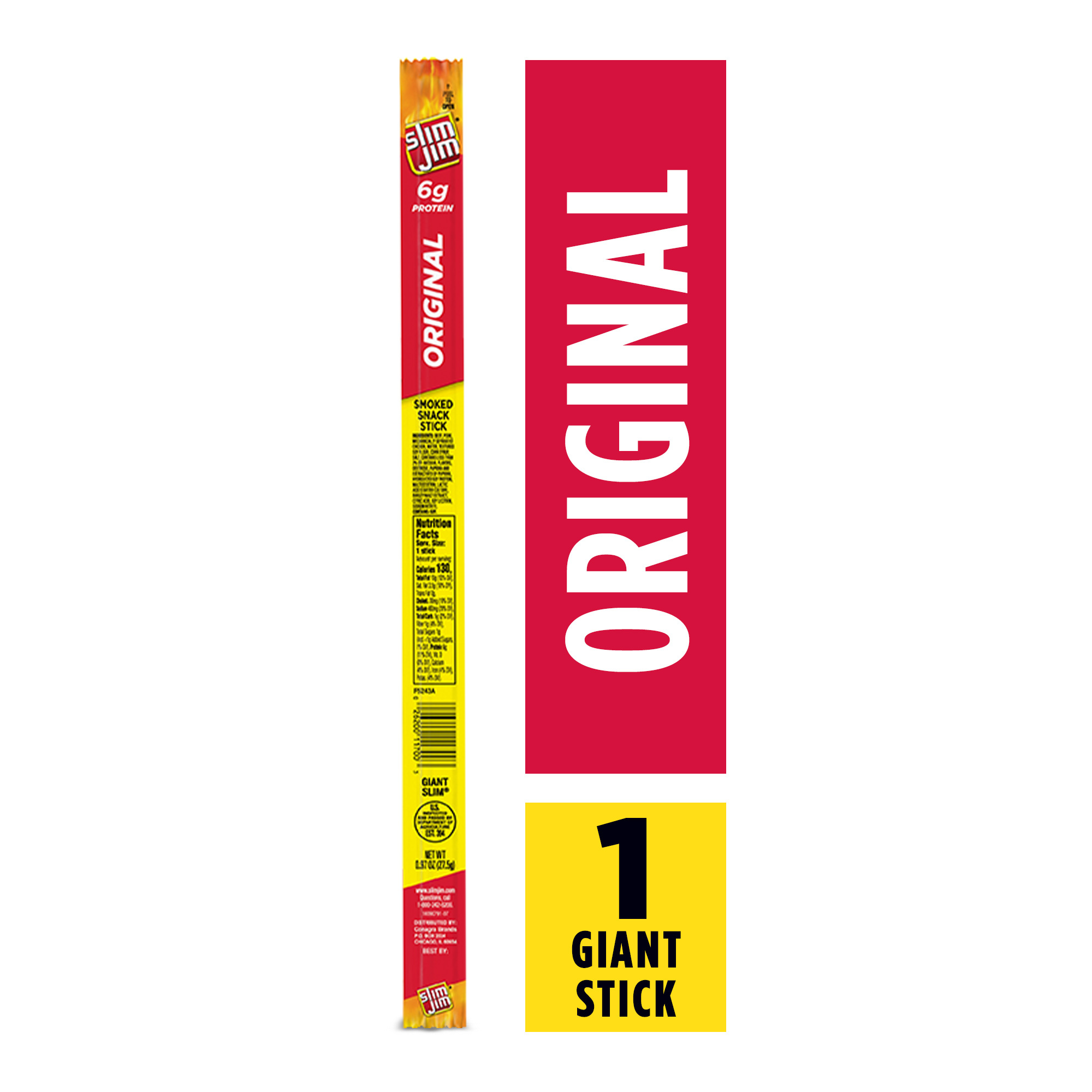 Slim Jim Giant Smoked Jerky Meat Sticks, Original Flavor, 6g Protein Per Serving, 0.97 oz.