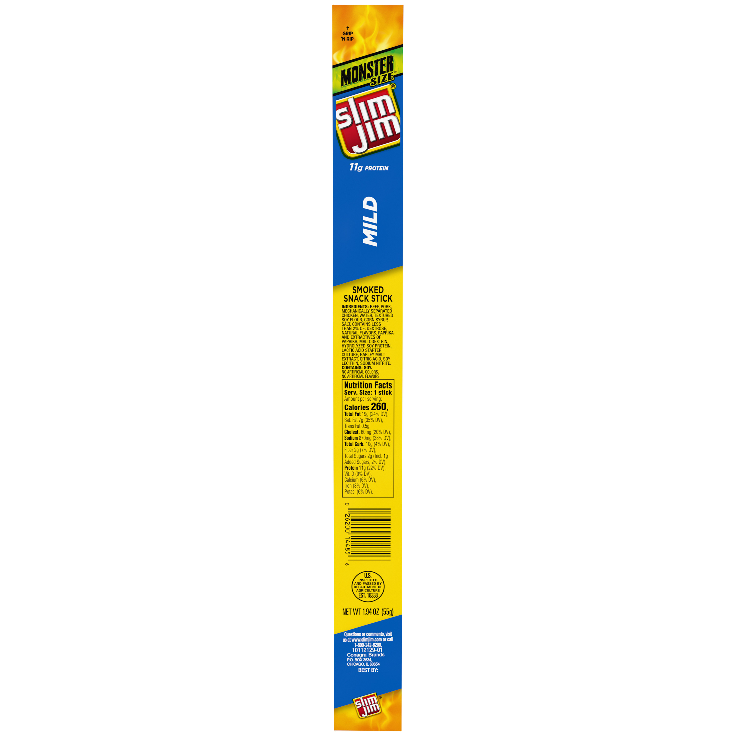 Slim Jim Monster Smoked Jerky Meat Sticks, Mild Flavor, 11g Protein Per Stick, 1.94 oz.