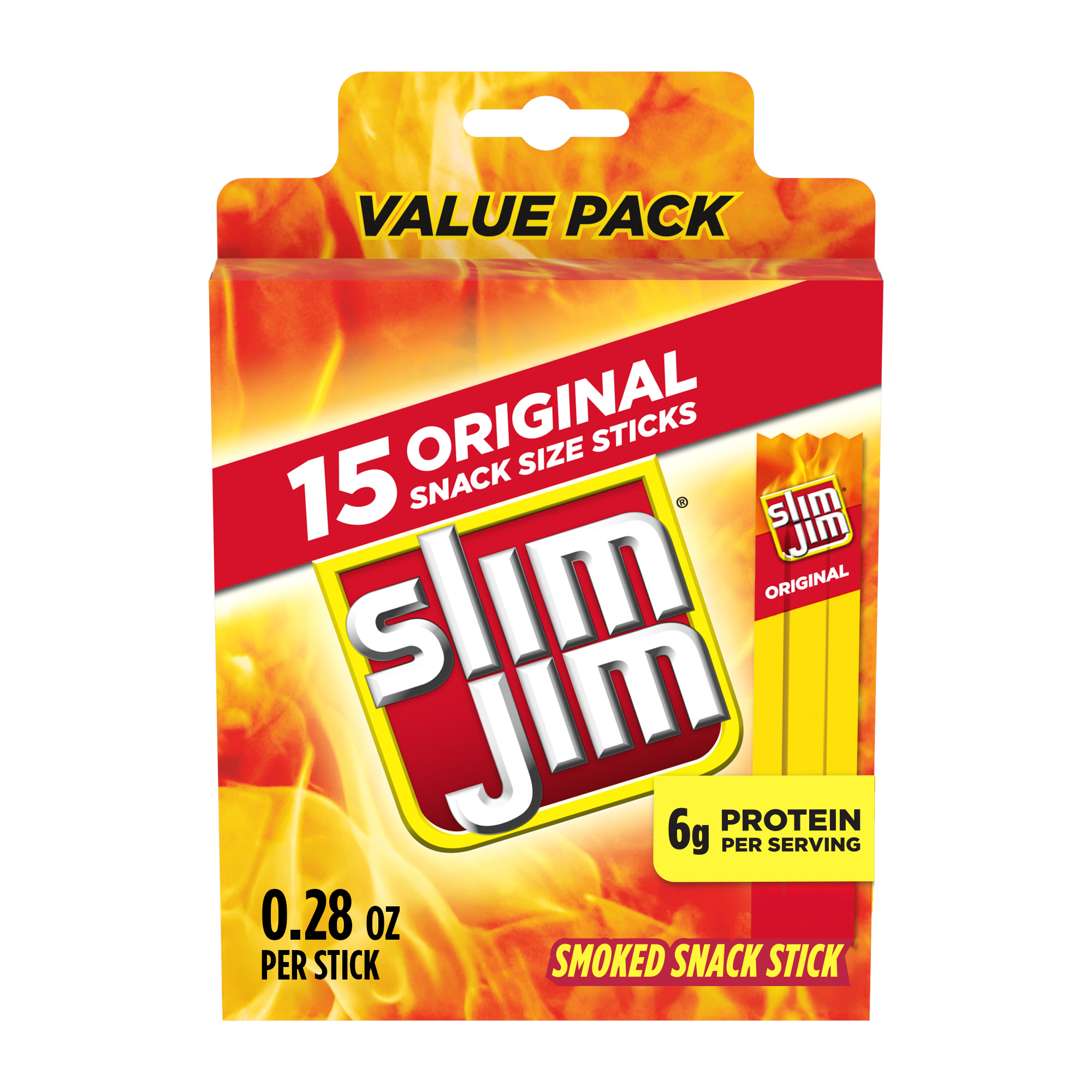 Slim Jim Smoked Jerky Meat Snack Sticks, Original Flavor, 6g Protein Per Serving, 0.28 oz. (15-Count)